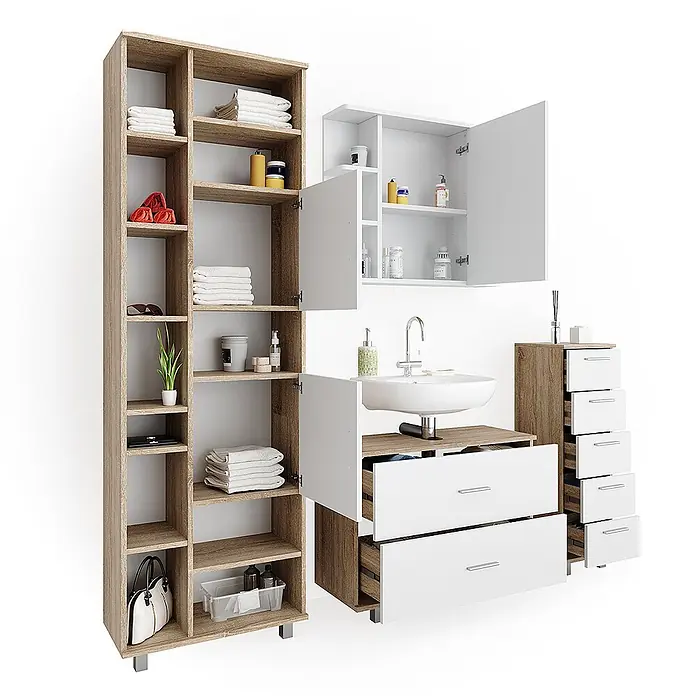 Vicco Badmöbel-Set Ilias Weiß/Sonoma 4 Teile, mit Hochschrank - Gesamtbreite Badmöbel: 170,2 cm, Weiß, Matt - Modulare Badezimmermöbel aus hellem Holz und Weiß, mit hohem Regal, Wandschrank, Waschtisch mit Waschbecken und Kommode zur Aufbewahrung.