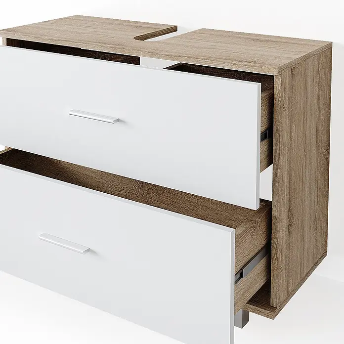 Vicco Badmöbel-Set Ilias Weiß/Sonoma 4 Teile, mit Hochschrank - Gesamtbreite Badmöbel: 170,2 cm, Weiß, Matt - Zweischubladiger weißer und heller Holz-Badunterschrank mit teilweise geöffneten Schubladen und Oberausschnitt.
