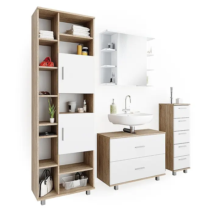Vicco Badmöbel-Set Ilias Weiß/Sonoma 4 Teile, mit Hochschrank - Gesamtbreite Badmöbel: 170,2 cm, Weiß, Matt - Modernes Badezimmermöbel-Set in Holzoptik und Weiß mit hohem Regal, Waschtisch, Spiegelschrank und Kommode.