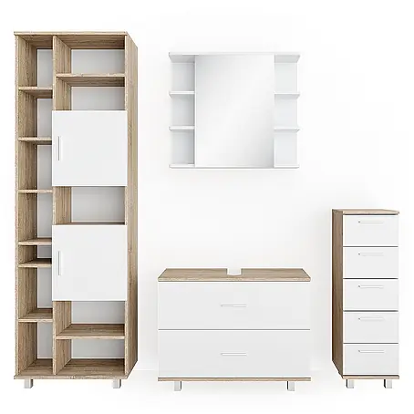 Vicco  Badmöbel-Set Ilias Weiß/Sonoma 4 Teile, mit Hochschrank