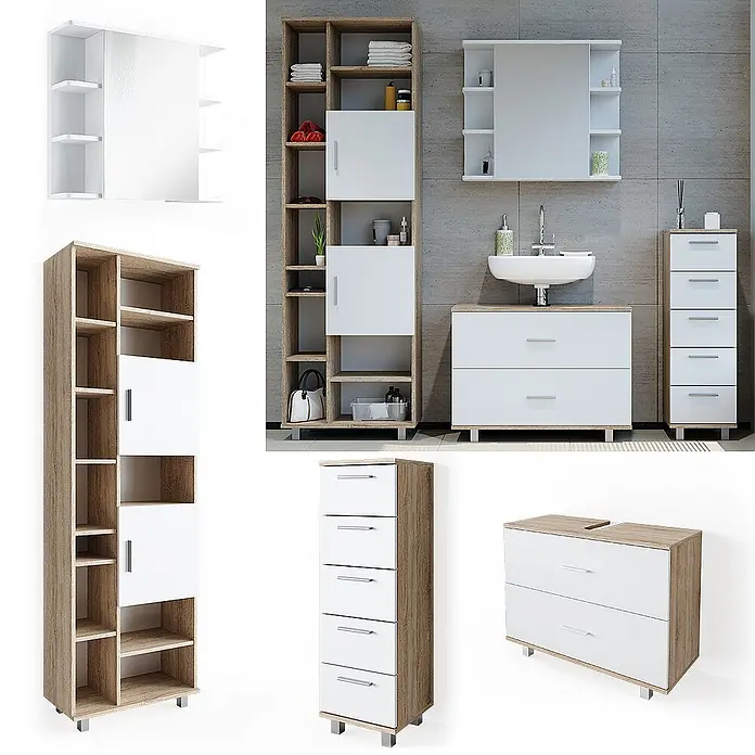 Vicco Badmöbel-Set Ilias Weiß/Sonoma 4 Teile, mit Hochschrank - Gesamtbreite Badmöbel: 170,2 cm, Weiß, Matt - Badezimmermöbel-Set in heller Holzoptik und Weiß, bestehend aus Hochschrank, Schubladenschrank, Waschtisch und Spiegelschrank.