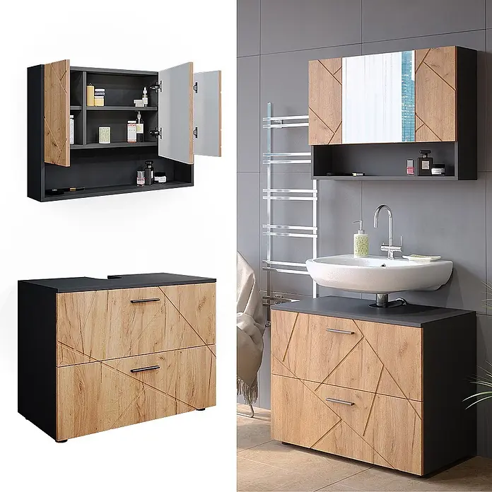 Vicco Badmöbel-Set Irma Goldkraft Eiche/Anthrazit 2 Teile, Unterschrank 80 cm - Gesamtbreite Badmöbel: 80 cm, Goldkraft Eiche, Matt - Modernes Badmöbel-Set: Dunkelgrauer Wandschrank mit Spiegel- & Holzoptik-Türen, geometrischem Muster, passender Waschtischunterschrank mit Schubladen.