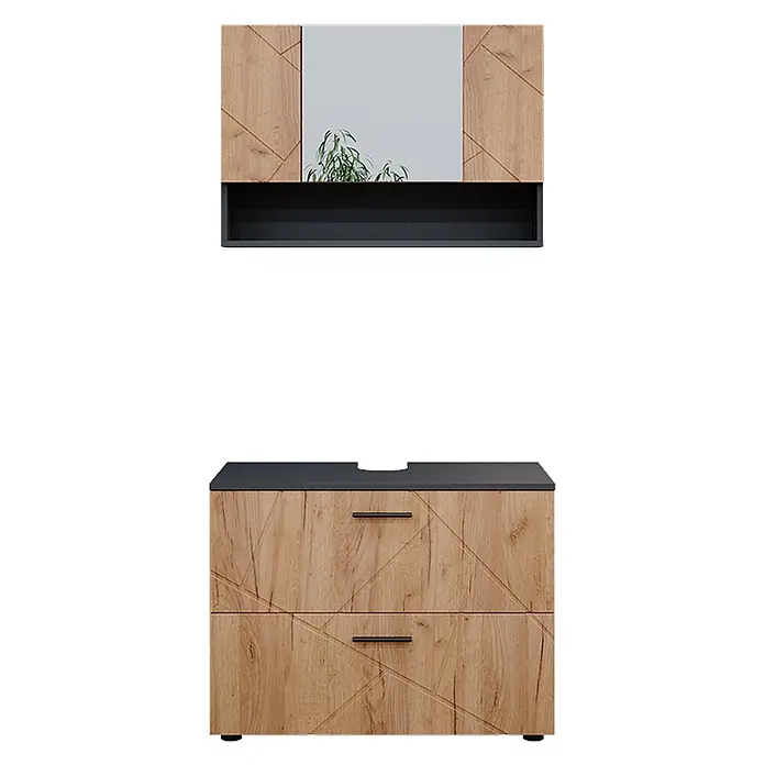 Vicco Badmöbel-Set Irma Goldkraft Eiche/Anthrazit 2 Teile, Unterschrank 80 cm - Gesamtbreite Badmöbel: 80 cm, Goldkraft Eiche, Matt - Badezimmermöbel-Set aus hellem Holz mit geometrischem Muster, dunkler Arbeitsplatte/Ablage und Spiegel. Besteht aus Wandschrank und Waschtischunterschrank mit zwei Schubladen.