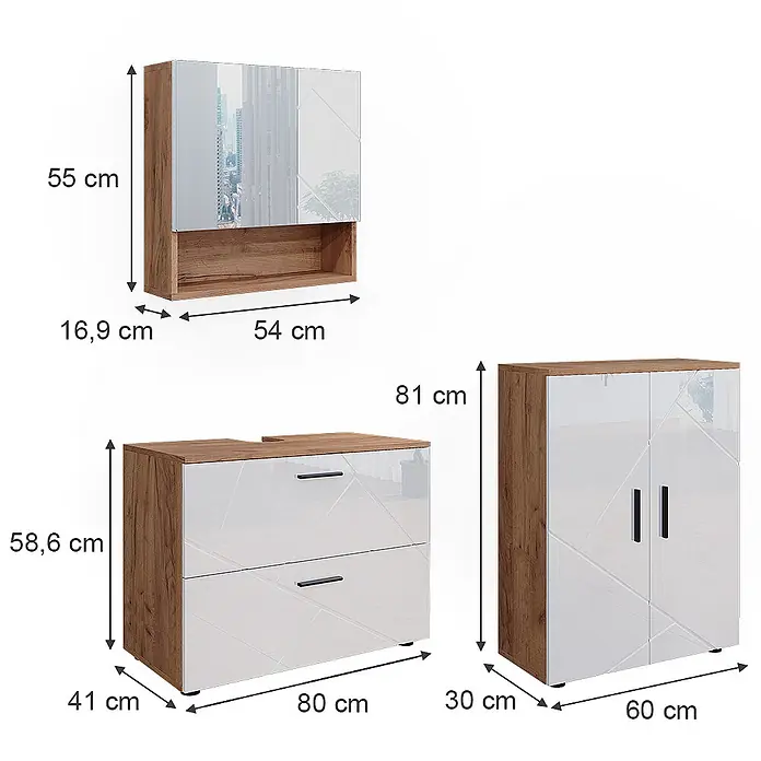 Vicco Badmöbel-Set Irma Weiß Hochglanz/Goldkraft Eiche 3 Teile, mit Unterschrank 80 cm - Gesamtbreite Badmöbel: 140 cm, Weiß Hochglanz, Glänzend - Badezimmermöbel-Set in Holzoptik mit weißen Hochglanzfronten, bestehend aus Spiegelschrank, Waschtischunterschrank und Hochschrank.