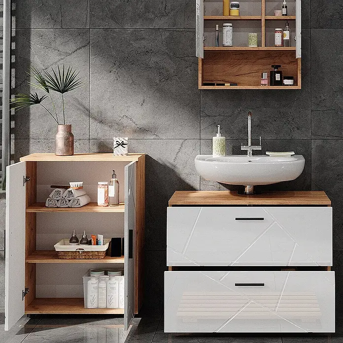Vicco Badmöbel-Set Irma Weiß Hochglanz/Goldkraft Eiche 3 Teile, mit Unterschrank 80 cm - Gesamtbreite Badmöbel: 140 cm, Weiß Hochglanz, Glänzend - Moderne Badmöbel in Weiß und Holz mit Waschbecken, passendem Wandschrank und Hochschrank.