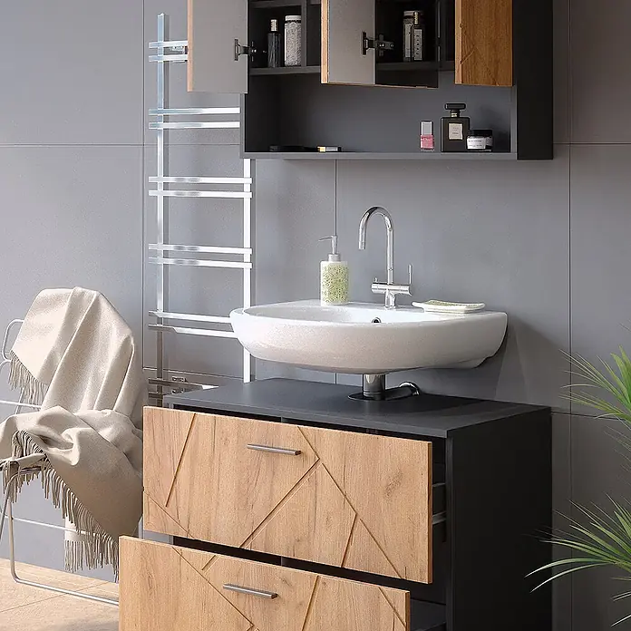 Vicco Badmöbel-Set Irma Goldkraft Eiche/Anthrazit 2 Teile, Unterschrank 80 cm - Gesamtbreite Badmöbel: 80 cm, Goldkraft Eiche, Matt - Badezimmerunterschrank mit Schubladen in Holzoptik und Geometermuster, dunkler Arbeitsplatte, weißem Waschbecken und passendem Spiegelschrank.
