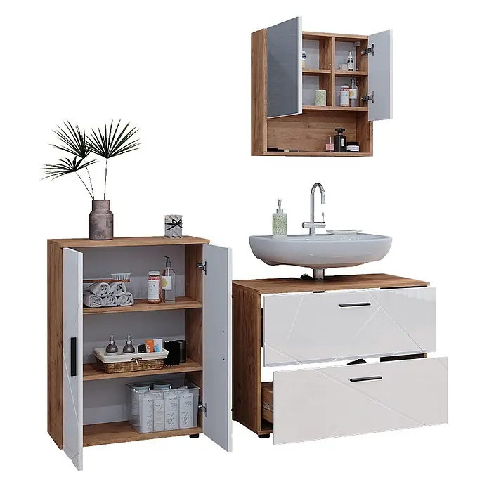 Vicco Badmöbel-Set Irma Weiß Hochglanz/Goldkraft Eiche 3 Teile, mit Unterschrank 80 cm - Gesamtbreite Badmöbel: 140 cm, Weiß Hochglanz, Glänzend - Modernes Badmöbelset mit weißem Keramikwaschbecken, Unterschrank, Seitenschrank und Spiegelschrank in Holz-Weiß-Optik.
