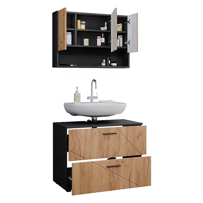 Vicco Badmöbel-Set Irma Goldkraft Eiche/Anthrazit 2 Teile, Unterschrank 80 cm - Gesamtbreite Badmöbel: 80 cm, Goldkraft Eiche, Matt - Dunkelgraues Badmöbelset mit hellen Holzfronten (geometrisches Muster). Wandschrank mit offenen Türen und Waschtisch mit Waschbecken und offenen Schubladen.