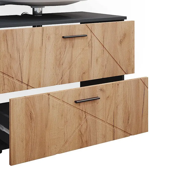 Vicco Badmöbel-Set Irma Goldkraft Eiche/Anthrazit 2 Teile, Unterschrank 80 cm - Gesamtbreite Badmöbel: 80 cm, Goldkraft Eiche, Matt - Zwei Holzschubladen mit geschnitzten geometrischen Mustern und schwarzen Griffen. Die untere Schublade ist leicht geöffnet.