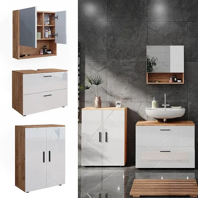 Vicco Badmöbel-Set Irma Weiß Hochglanz/Goldkraft Eiche 3 Teile, mit Unterschrank 80 cm - Gesamtbreite Badmöbel: 140 cm, Weiß Hochglanz, Glänzend - Modernes Badezimmermöbel-Set in Weiß-Glanz und Eiche mit geometrischem Muster, bestehend aus Waschtisch, Spiegelschrank und Stauraumschrank.