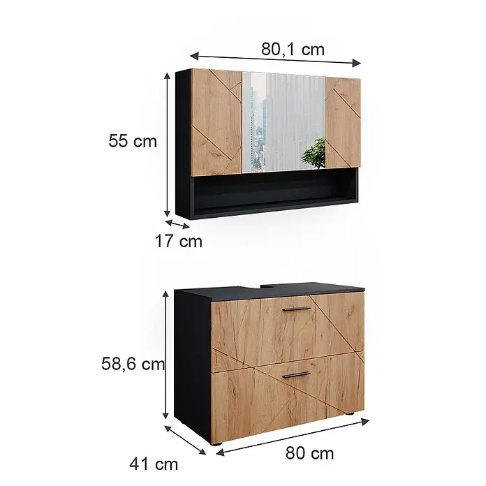Vicco Badmöbel-Set Irma Goldkraft Eiche/Anthrazit 2 Teile, Unterschrank 80 cm - Gesamtbreite Badmöbel: 80 cm, Goldkraft Eiche, Matt - Badezimmermöbel-Set: Wandspiegelschrank und Waschtischunterschrank. Schwarz, mit Holzoptik-Fronten und geometrischen Mustern.