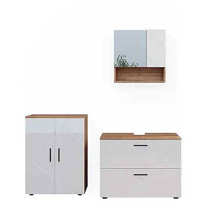 Vicco  Badmöbel-Set Irma Weiß Hochglanz/Goldkraft Eiche 3 Teile, mit Unterschrank 80 cm