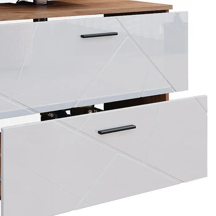 Vicco Badmöbel-Set Irma Weiß Hochglanz/Goldkraft Eiche 3 Teile, mit Unterschrank 80 cm - Gesamtbreite Badmöbel: 140 cm, Weiß Hochglanz, Glänzend - Zwei weiße Schubladen mit geometrischem Muster und schwarzen Griffen. Eine Schublade ist leicht geöffnet.