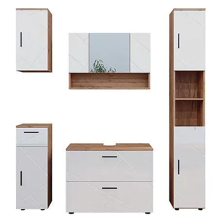 Vicco  Badmöbel-Set Irma Weiß Hochglanz/Goldkraft Eiche 5 Teile