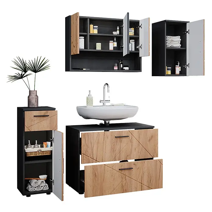 Vicco Badmöbel-Set Irma Goldkraft Eiche/Anthrazit 4 Teile - Gesamtbreite Badmöbel: 110 cm, Goldkraft Eiche, Matt - Schwarz-holzfarbenes Badmöbel-Set mit geometrischem Muster: Waschtisch mit weißem Waschbecken, Wandschrank und Hochschrank.