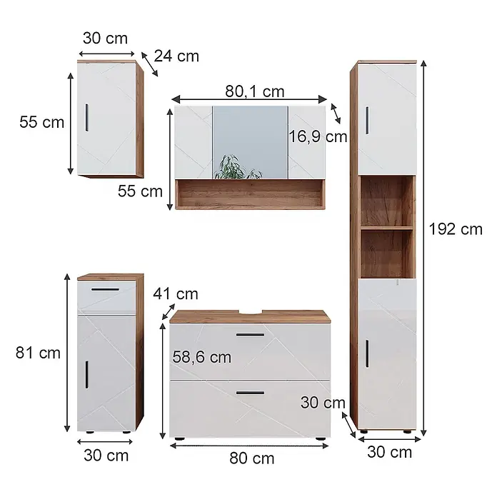 Vicco Badmöbel-Set Irma Weiß Hochglanz/Goldkraft Eiche 5 Teile - Gesamtbreite Badmöbel: 140 cm, Weiß Hochglanz, Glänzend - Weiß-holzfarbene Badmöbelgarnitur mit Waschbeckenunterschrank, Spiegelschrank, Hochschrank und Beistellschrank, inkl. Maße.