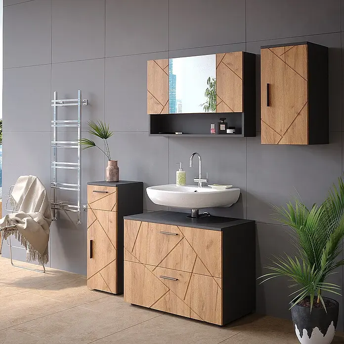 Vicco Badmöbel-Set Irma Goldkraft Eiche/Anthrazit 4 Teile - Gesamtbreite Badmöbel: 110 cm, Goldkraft Eiche, Matt - Modernes Badmöbelset: Holzoptik-Türen/-Schubladen mit Geometriemuster, dunkelgraue Akzente. Inkl. Waschtisch, Hochschrank, Spiegelschrank.