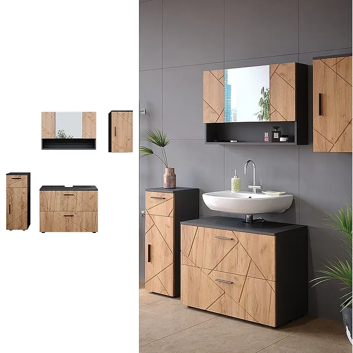 Vicco Badmöbel-Set Irma Goldkraft Eiche/Anthrazit 4 Teile - Gesamtbreite Badmöbel: 110 cm, Goldkraft Eiche, Matt - Badezimmermöbel-Set mit dunkelgrauen Rahmen und hellen Holzfronten mit geometrischem Muster, bestehend aus Waschtisch, Hochschrank und Spiegelschrank.