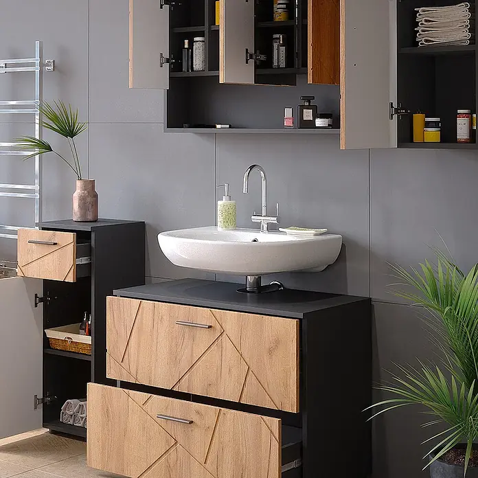 Vicco Badmöbel-Set Irma Goldkraft Eiche/Anthrazit 4 Teile - Gesamtbreite Badmöbel: 110 cm, Goldkraft Eiche, Matt - Modernes Badmöbel-Set mit schwarzen Schränken, Schubladen aus hellem Holz mit Geometriemuster und weißem Waschbecken.