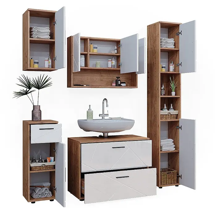 Vicco Badmöbel-Set Irma Weiß Hochglanz/Goldkraft Eiche 5 Teile - Gesamtbreite Badmöbel: 140 cm, Weiß Hochglanz, Glänzend - Badezimmermöbel-Set aus Holz mit weißen Fronten, bestehend aus Waschbeckenunterschrank, Hochschrank und Wandschränken.