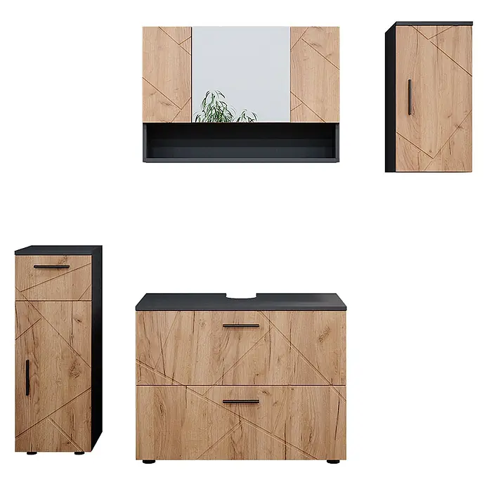 Vicco Badmöbel-Set Irma Goldkraft Eiche/Anthrazit 4 Teile - Gesamtbreite Badmöbel: 110 cm, Goldkraft Eiche, Matt - Modernes Badmöbel-Set: Holzoptik-Schränke mit geometrischem Muster, schwarzen Griffen und Akzenten, inkl. Spiegelschrank, Hochschrank und Waschtischunterschrank.
