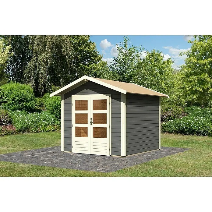 Karibu Gartenhaus Talkau 4 - Außenmaß inkl. Dachüberstand (B x T): 270 x 274 cm, Holz, Grau - Gartenschuppen mit Doppeltür und grauem Holz, umgeben von Grün. Ideal für die Aufbewahrung von Gartengeräten.