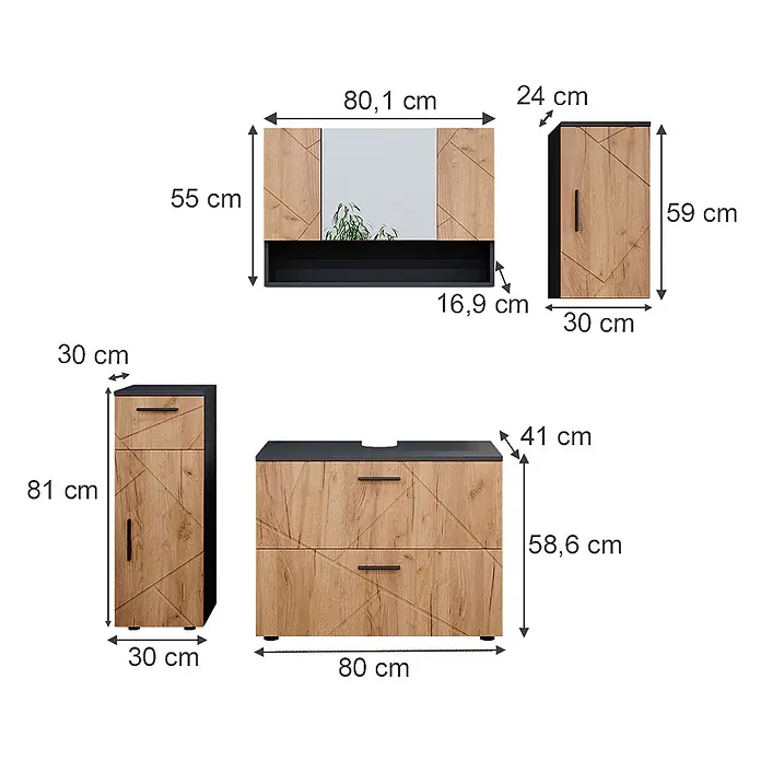 Vicco Badmöbel-Set Irma Goldkraft Eiche/Anthrazit 4 Teile - Gesamtbreite Badmöbel: 110 cm, Goldkraft Eiche, Matt - Badezimmermöbel-Set in Holzoptik mit dunklen Akzenten, bestehend aus Spiegelschrank, Waschtischunterschrank und Beistellschränken, mit Maßen.