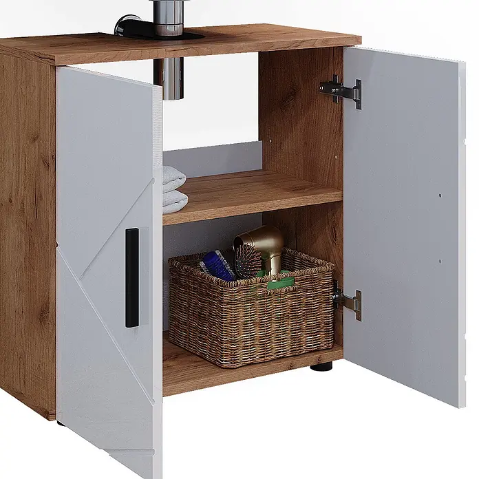 Vicco Badmöbel-Set Irma Weiß Hochglanz/Goldkraft Eiche 3 Teile - Gesamtbreite Badmöbel: 90 cm, Weiß Hochglanz, Glänzend - Zweifarbiger Waschtischunterschrank aus Holz mit weißen Türen, schwarzen Griffen und sichtbarem Stauraum.