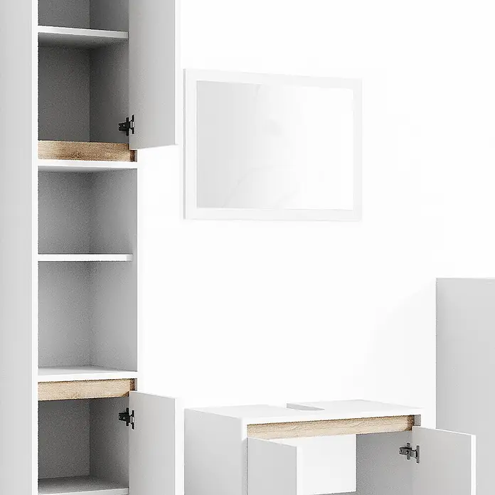 Vicco Badmöbel-Set Emma Weiß/Sonoma 4 Teile - Gesamtbreite Badmöbel: 118 cm, Weiß, Matt - Weißes Badmöbel-Set mit Naturholz-Akzenten, bestehend aus Hochschrank, Spiegel und Waschtischunterschrank mit offenen Türen/Schubladen.