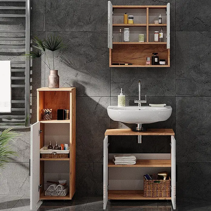 Vicco Badmöbel-Set Irma Weiß Hochglanz/Goldkraft Eiche 3 Teile - Gesamtbreite Badmöbel: 90 cm, Weiß Hochglanz, Glänzend - Modernes Badezimmermöbel-Set mit Waschbecken, Wandschrank und hohem Schrank, in Holzoptik und Weiß.