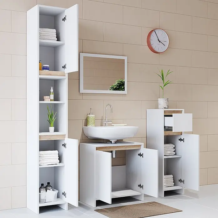 Vicco Badmöbel-Set Emma Weiß/Sonoma 4 Teile - Gesamtbreite Badmöbel: 118 cm, Weiß, Matt - Weißes Badezimmermöbel-Set mit Holzdetails, bestehend aus Hochschrank, Waschtischunterschrank und Kommode.