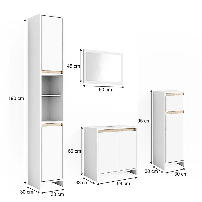 Vicco Badmöbel-Set Emma Weiß/Sonoma 4 Teile - Gesamtbreite Badmöbel: 118 cm, Weiß, Matt - Weißes Badezimmermöbel-Set mit Holz-Akzenten: Hochschrank, Waschtischunterschrank, Beistellschrank und Spiegel.