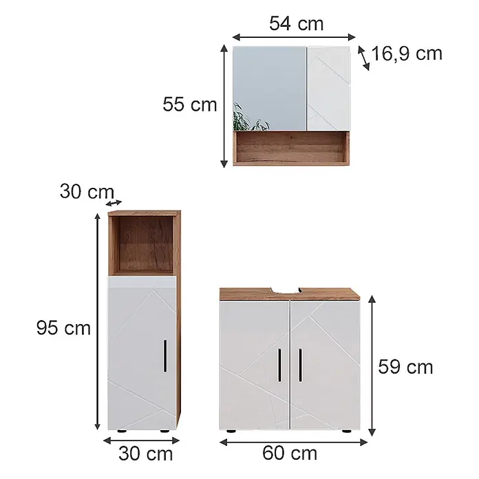 Vicco Badmöbel-Set Irma Weiß Hochglanz/Goldkraft Eiche 3 Teile - Gesamtbreite Badmöbel: 90 cm, Weiß Hochglanz, Glänzend - Set aus drei weißen Badmöbeln in Holzoptik: Spiegelschrank, Hochschrank und Waschtischunterschrank, mit geometrischen Mustern.