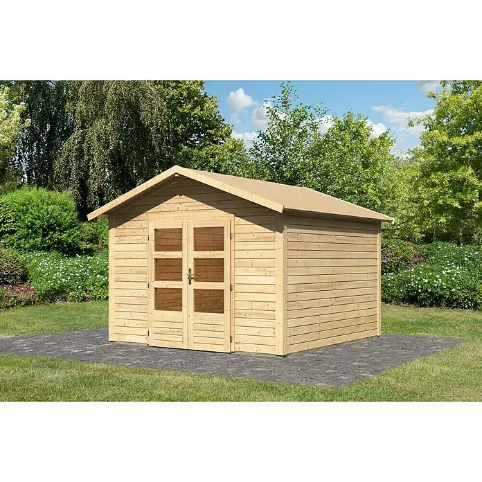 Karibu Gartenhaus Talkau 8 - Außenmaß inkl. Dachüberstand (B x T): 330 x 330 cm, Holz, Natur - Holzgartenhaus mit Doppeltür und Satteldach, ideal für die Gartenaufbewahrung.