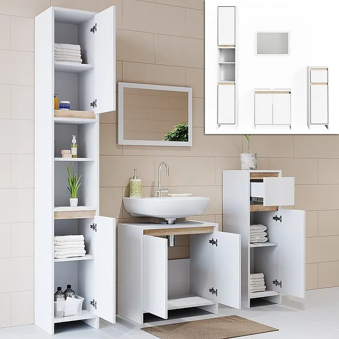 Vicco Badmöbel-Set Emma Weiß/Sonoma 4 Teile - Gesamtbreite Badmöbel: 118 cm, Weiß, Matt - Modernes weißes Badezimmermöbelset mit hellen Holzdetails, bestehend aus Waschtischunterschrank, Hochschrank, Seitenschrank und Spiegel.