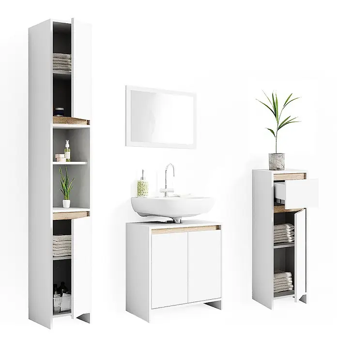 Vicco Badmöbel-Set Emma Weiß/Sonoma 4 Teile - Gesamtbreite Badmöbel: 118 cm, Weiß, Matt - Modernes Badezimmermöbel-Set in Weiß und hellem Holz mit Hochschrank, Waschtisch mit Aufsatzwaschbecken und kleinerer Aufbewahrungseinheit.