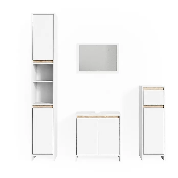 Vicco Badmöbel-Set Emma Weiß/Sonoma 4 Teile - Gesamtbreite Badmöbel: 118 cm, Weiß, Matt - Weißes Badmöbel-Set mit hellen Holzdetails, bestehend aus Spiegel, Hochschrank, Waschtisch und Beistellschrank.