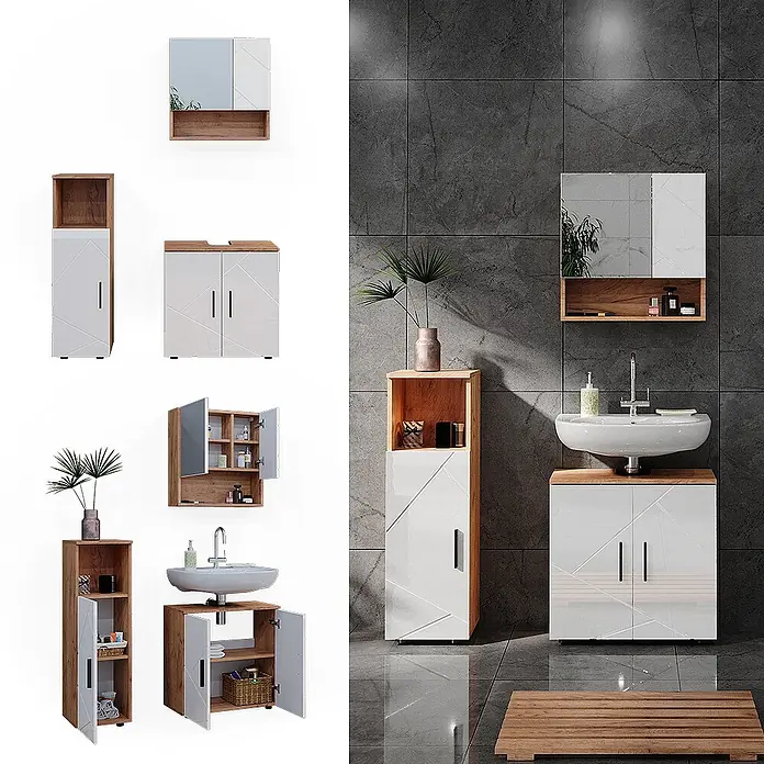 Vicco Badmöbel-Set Irma Weiß Hochglanz/Goldkraft Eiche 3 Teile - Gesamtbreite Badmöbel: 90 cm, Weiß Hochglanz, Glänzend - Modernes Badmöbelset aus Weiß & Holz: Spiegelschrank, Hochschrank und Waschtischunterschrank. Zeitgemäßes Badezimmerdesign.