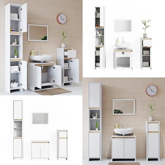 Vicco Badmöbel-Set Emma Weiß/Sonoma 4 Teile - Gesamtbreite Badmöbel: 118 cm, Weiß, Matt - Weißes Badezimmermöbel-Set mit hellen Holzdetails: Hochschrank, Waschtischunterschrank und Beistellschrank.