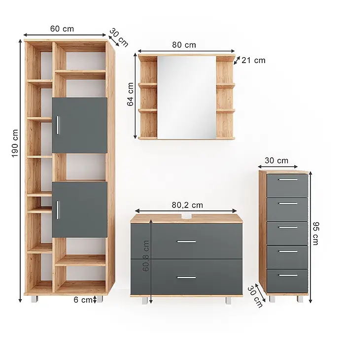 Vicco Badmöbel-Set Ilias Anthrazit/Goldkraft Eiche 4 Teile, mit Hochschrank - Gesamtbreite Badmöbel: 170,2 cm, Anthrazit, Matt - Möbelset aus heller Holzoptik und dunkelgrauen Fronten: hohes Regal, Wandspiegel-Schrank, breite Kommode und hoher Schubladenschrank.