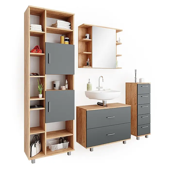 Vicco Badmöbel-Set Ilias Anthrazit/Goldkraft Eiche 4 Teile, mit Hochschrank - Gesamtbreite Badmöbel: 170,2 cm, Anthrazit, Matt - Modernes Badmöbel-Set in hellem Holz und Grau, bestehend aus Waschtisch, Spiegelschrank, Hochschrank und Schubladenelement.