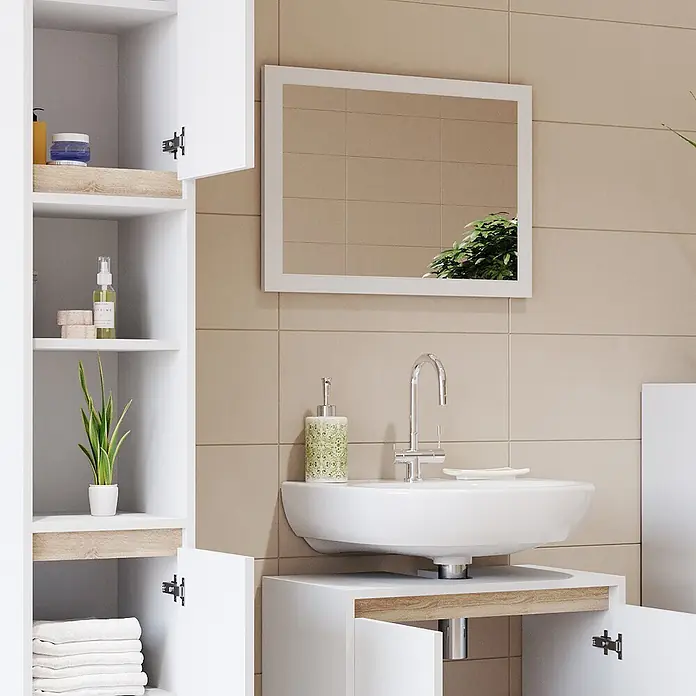 Vicco Badmöbel-Set Emma Weiß/Sonoma 4 Teile - Gesamtbreite Badmöbel: 118 cm, Weiß, Matt - Moderner weißer Badezimmerschrank mit hellen Eiche-Effekt-Akzenten, bietet offene und geschlossene Ablageflächen neben einem Waschbecken.