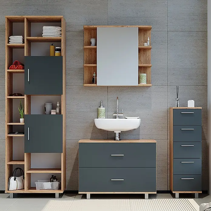 Vicco Badmöbel-Set Ilias Anthrazit/Goldkraft Eiche 4 Teile, mit Hochschrank - Gesamtbreite Badmöbel: 170,2 cm, Anthrazit, Matt - Holzoptik und dunkelgraues Badezimmermöbel-Set mit Regal, Waschtisch mit Waschbecken, Spiegelschrank und Kommode.
