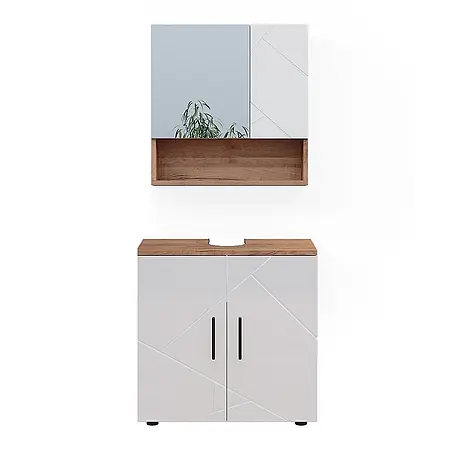 Vicco  Badmöbel-Set Irma Weiß Hochglanz/Goldkraft Eiche 2 Teile, Unterschrank 60 cm
