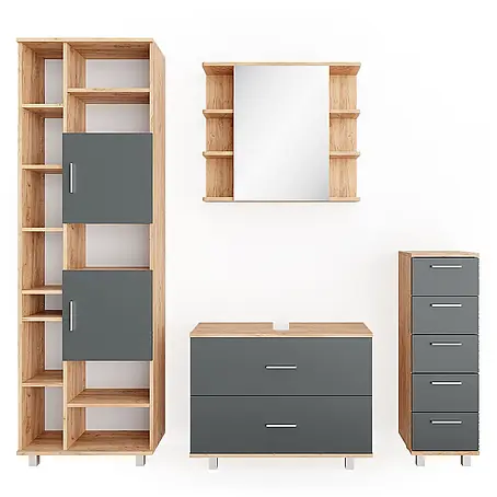 Vicco  Badmöbel-Set Ilias Anthrazit/Goldkraft Eiche 4 Teile, mit Hochschrank