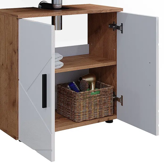 Vicco Badmöbel-Set Irma Weiß Hochglanz/Goldkraft Eiche 2 Teile, Unterschrank 60 cm - Gesamtbreite Badmöbel: 60 cm, Weiß Hochglanz, Glänzend - Badezimmerschrank in Holzoptik mit hellgrauen Türen und Innenfächern für Waschbecken.