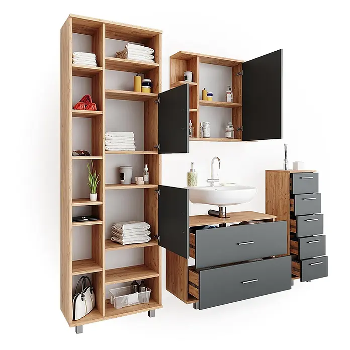 Vicco Badmöbel-Set Ilias Anthrazit/Goldkraft Eiche 4 Teile, mit Hochschrank - Gesamtbreite Badmöbel: 170,2 cm, Anthrazit, Matt - Modulares Badezimmermöbel-Set aus hellem Holz und Dunkelgrau, mit Regalen, Hängeschränken, Waschtisch mit Waschbecken und Schubladenelementen.