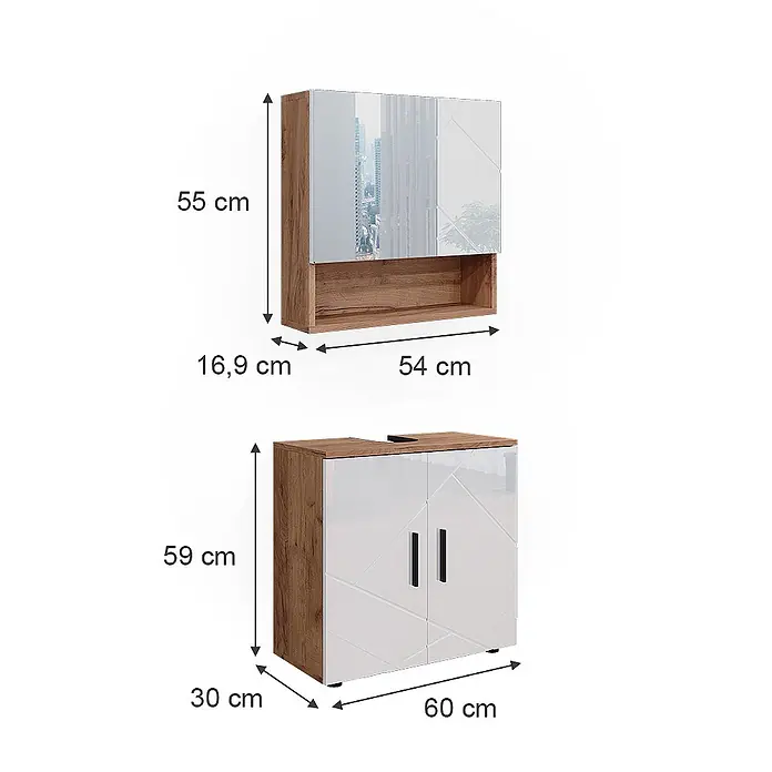 Vicco Badmöbel-Set Irma Weiß Hochglanz/Goldkraft Eiche 2 Teile, Unterschrank 60 cm - Gesamtbreite Badmöbel: 60 cm, Weiß Hochglanz, Glänzend - Zwei braun-weiße Badschränke. Ein Spiegelschrank mit offenem Regal und ein Unterschrank mit zwei weißen Türen.