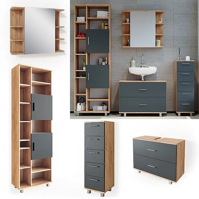 Vicco Badmöbel-Set Ilias Anthrazit/Goldkraft Eiche 4 Teile, mit Hochschrank - Gesamtbreite Badmöbel: 170,2 cm, Anthrazit, Matt - Badmöbel-Set in heller Eiche und dunkelgrau, bestehend aus Spiegelschrank, Waschbeckenunterschrank und Hochschränken.