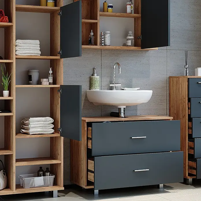 Vicco Badmöbel-Set Ilias Anthrazit/Goldkraft Eiche 4 Teile, mit Hochschrank - Gesamtbreite Badmöbel: 170,2 cm, Anthrazit, Matt - Modernes Badmöbelset mit Waschbeckenunterschrank und Regalen in Holzoptik und Dunkelgrau. Mit Schubladen und offenen Fächern.